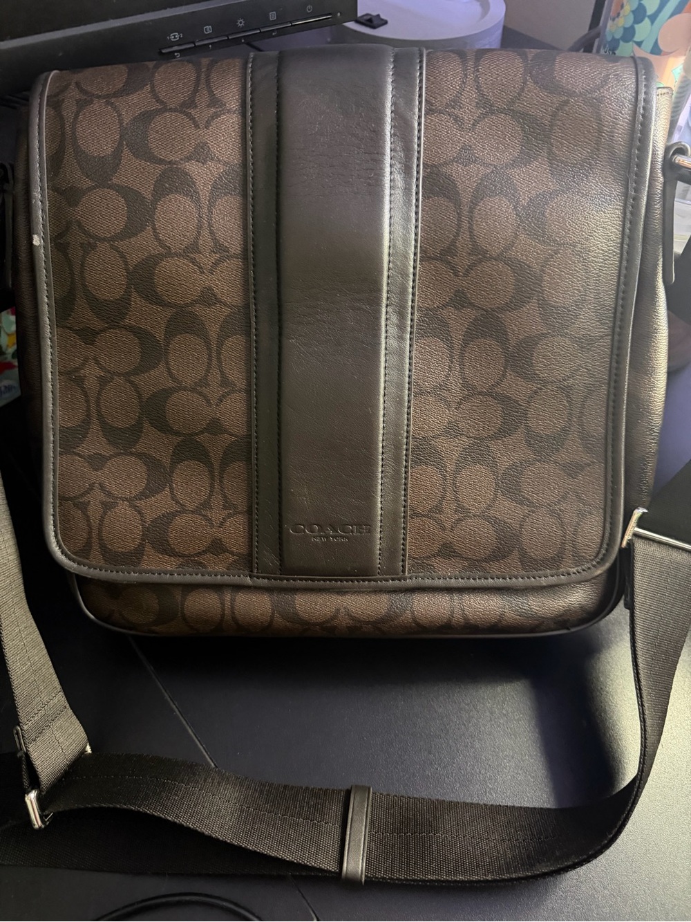 Coach Brown Signature Canvas Messenger Bag with Dark Brown Leather Trim